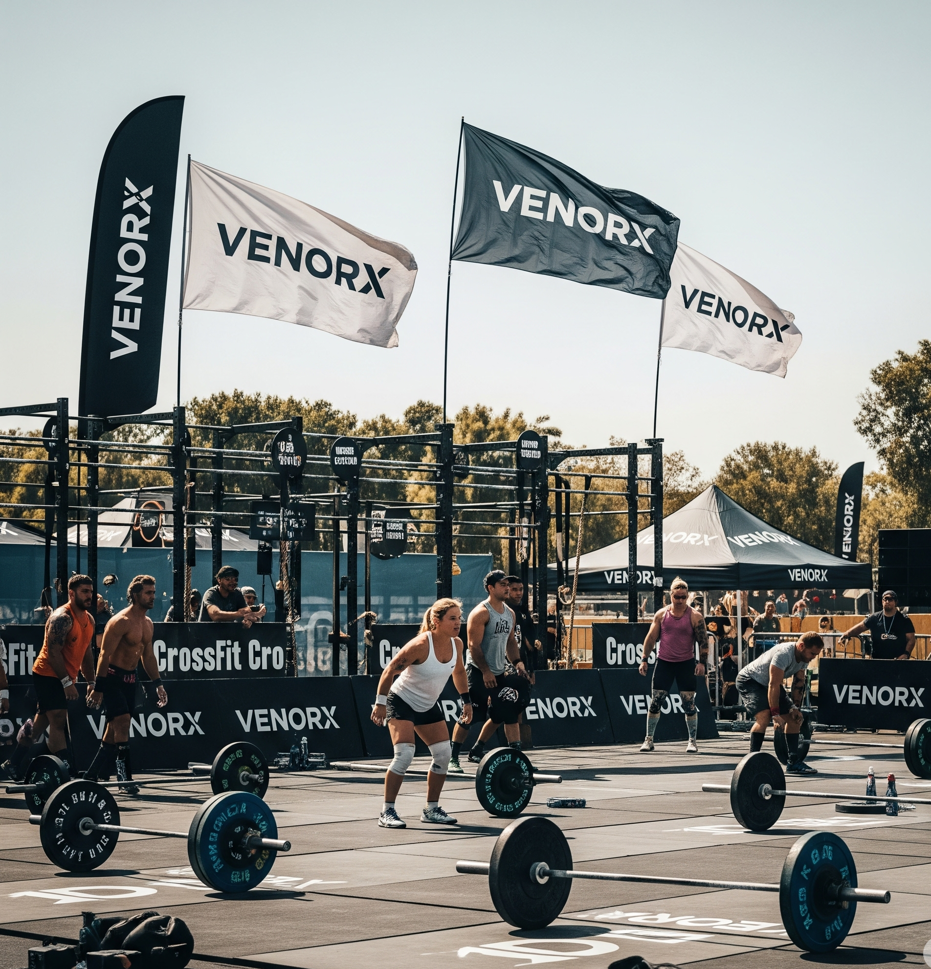 Outdoor fitness event with athletes lifting weights, Venorx flags, and banners in the background.